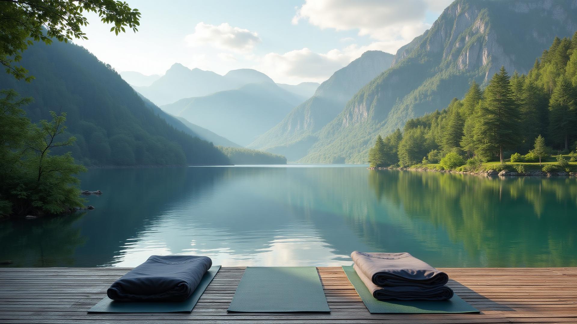 Yogamatten des Yoga Day Retreats auf einem Steg vor einem Bergsee mit Berg-Panorama im Hintergrund