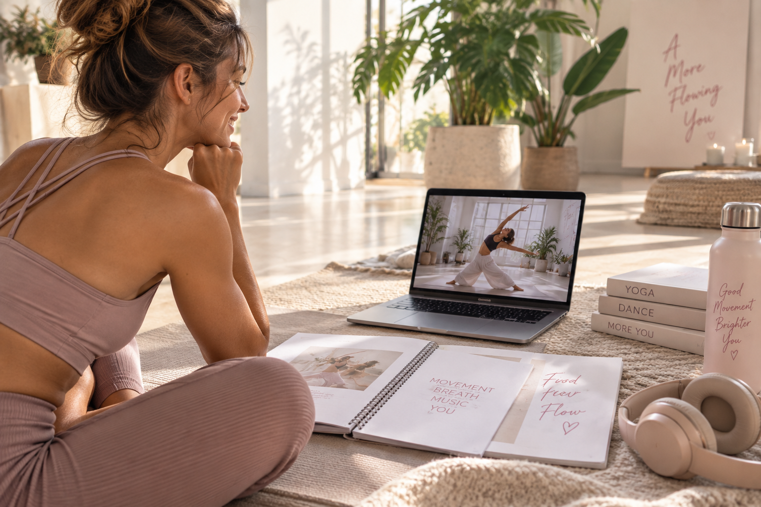 YDF Essential Laptop Yoga Dance Flow Essentials Teilnehmerin vor Lapotp