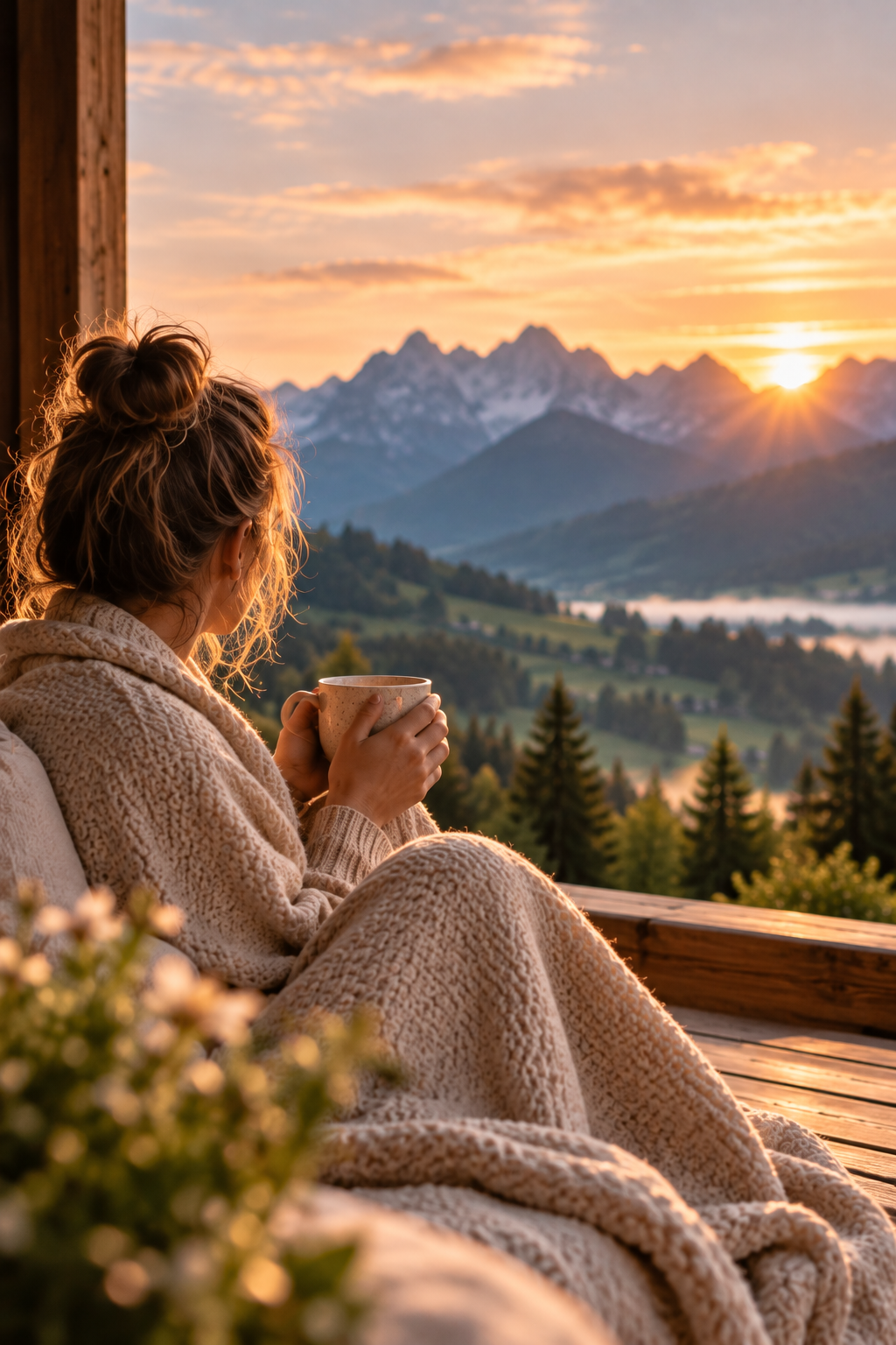 YOga Retreat Teilnehmerin in Decke gehüllt und Tee vor Bergkulisse